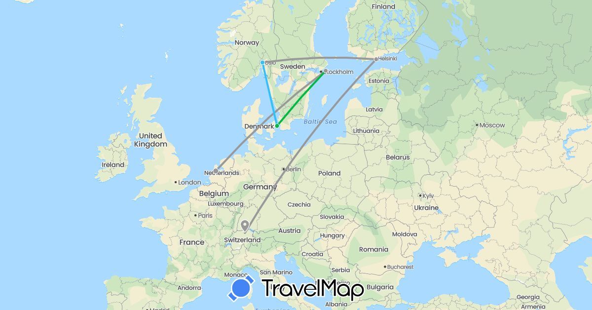 TravelMap itinerary: bus, plane, boat in Switzerland, Denmark, Finland, Netherlands, Norway, Sweden (Europe)